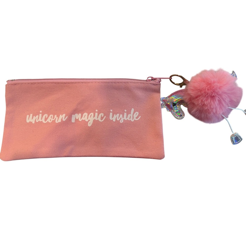 Pink Canvas Unicorn Charm fuzzy Pom Pom Bag sleepover favor birthday makeup